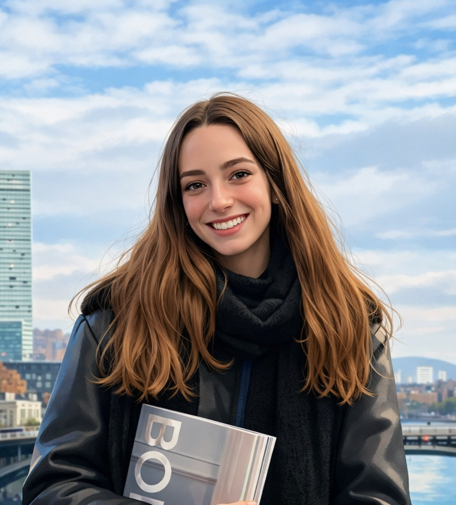 Chica con el pelo largo castaño. Lleva una chaqueta oscura y una bufanda negra, y sostiene una revista. Jefa de Softly.