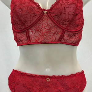 Combinación de lencería roja de encaje con sujetador y braga. Ambos con un pequeño corazón en el centro.